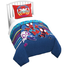 Jay Franco Marvel Spidey & His Amazing Friends Twin Size Duvet Cover and Sham Set - Miles Morales & Ghost Spider 2 Piece Super Soft Cozy Blue Kids Be