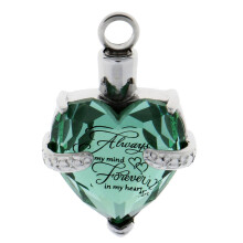 Green Crystal Heart Shape Stainless Steel Cremation Keepsake Ash Urn P