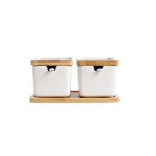 Ceramic Sugar Bowl with Lid and Spoon, Porcelain Condiment Jar Set with Bamboo Tray, 8.8oz, 2 Pack