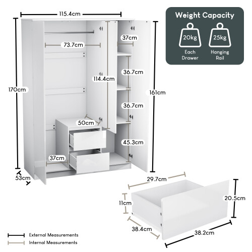Vida Designs (White) Glinton 3 Door 2 Drawer Wardrobe Gloss Bedroom 1