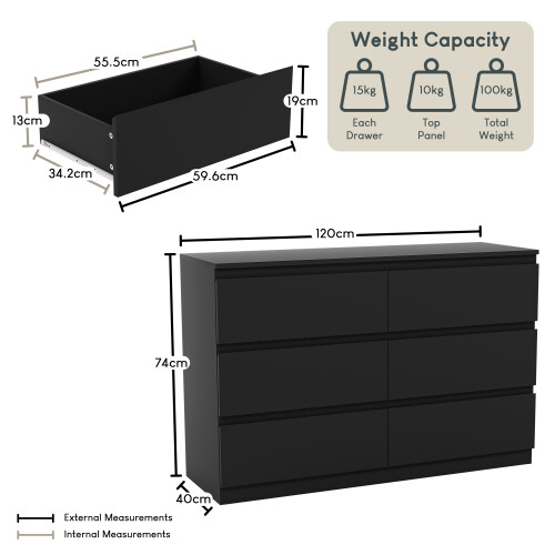 Vida Designs (Black) Denver 6 Drawer Chest Wide Bedroom Clothes Storage