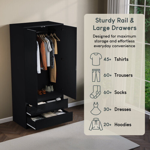 Vida Designs (Black) Glinton 2 Door 2 Drawer Wardrobe Bedroom Storage 2