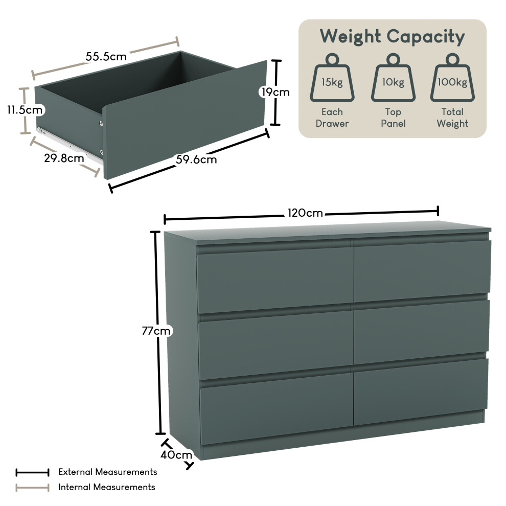 Vida Designs (Jasper Green) Denver 6 Drawer Chest Wide Bedroom Clothes Storage