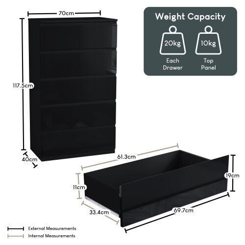 Vida Designs (Black) Glinton Modern 5 Drawer Chest Bedroom Home Storage 1