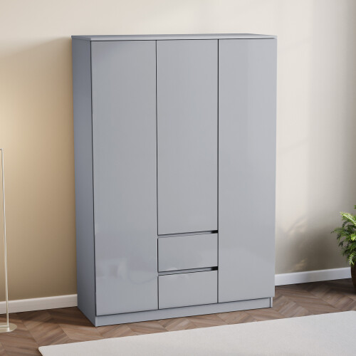 Vida Designs (Grey) Glinton 3 Door 2 Drawer Wardrobe Gloss Bedroom