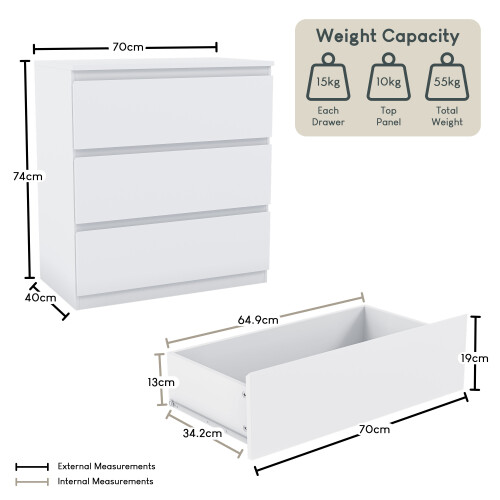 Vida Designs (White) Denver 3 Drawer Bedside Cabinet Storage Chest 1