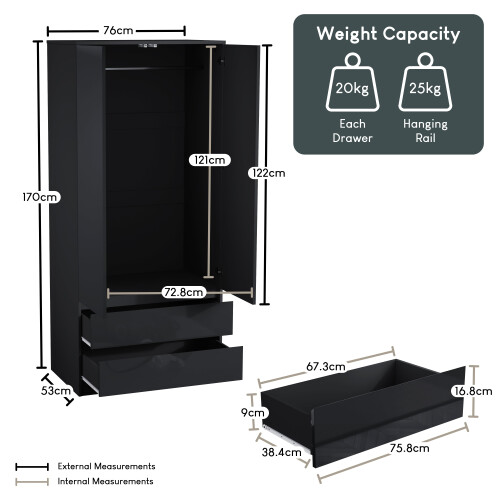 Vida Designs (Black) Glinton 2 Door 2 Drawer Wardrobe Bedroom Storage 1