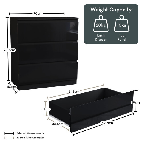 Vida Designs (Black) Glinton Modern 3 Drawer Chest Bedroom Home Storage 1