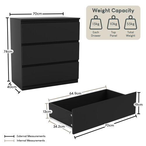 Vida Designs (Black) Denver 3 Drawer Bedside Cabinet Storage Chest 1