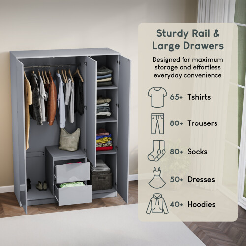 Vida Designs (Grey) Glinton 3 Door 2 Drawer Wardrobe Gloss Bedroom 2