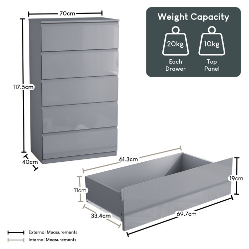 Vida Designs (Grey) Glinton Modern 5 Drawer Chest Bedroom Home Storage 1