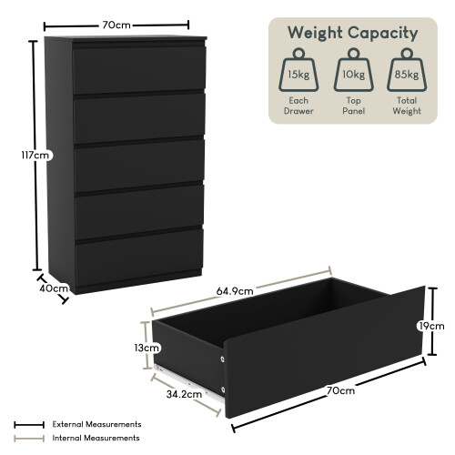 Vida Designs (Black) Denver 5 Drawer Chest Garment Storage Bedroom Unit 1