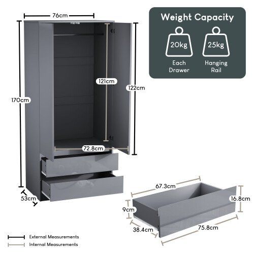 Vida Designs (Grey) Glinton 2 Door 2 Drawer Wardrobe Bedroom Storage 1