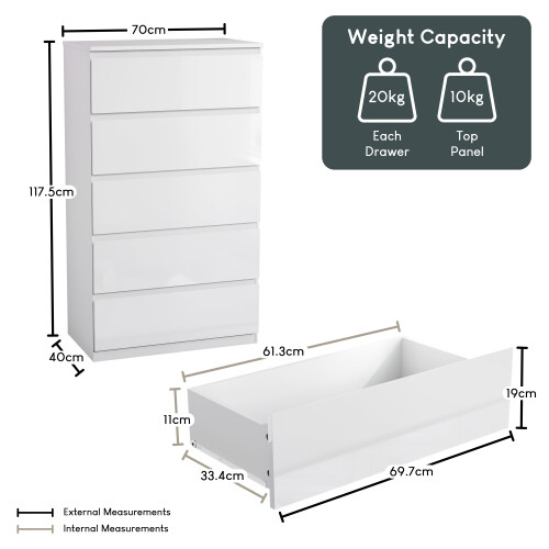 Vida Designs (White) Glinton Modern 5 Drawer Chest Bedroom Home Storage 1