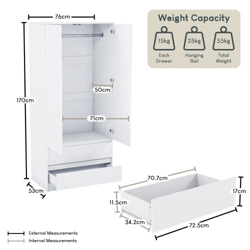Vida Designs (White) Denver 2 Door 2 Drawer Wardrobe Bedroom Storage 1