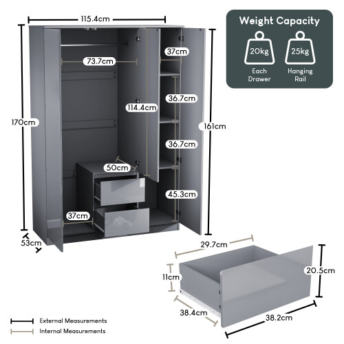 Vida Designs (Grey) Glinton 3 Door 2 Drawer Wardrobe Gloss Bedroom 1