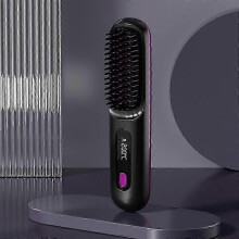 (Black) Electric LCD Usb Ceramic Heating Straight Hair Comb Wireless Portable Negative Ion Styling Tool Rechargeable Straightening Brush