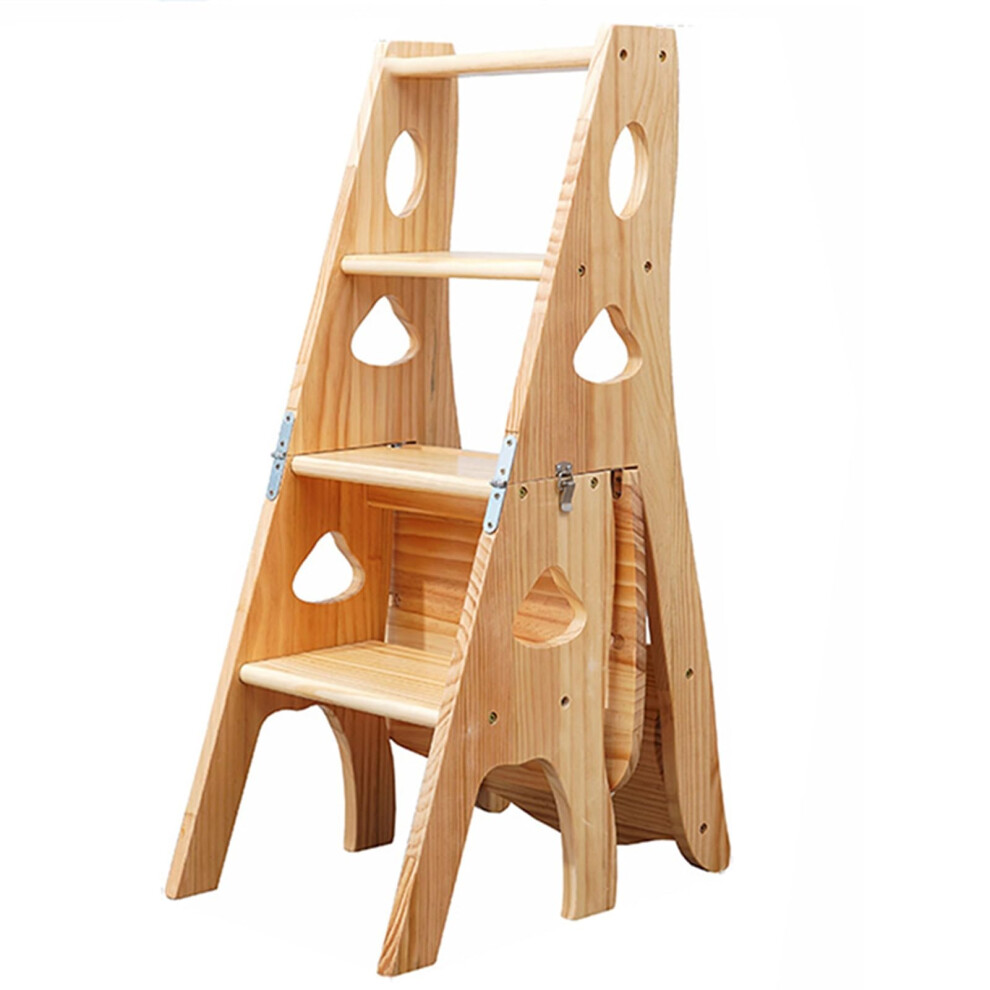 Wooden Folding Library Ladder Chair 3 In 1 Step Stool With Storage Shelf For Home 331 Lbs Capacity Log Color 9099447740076