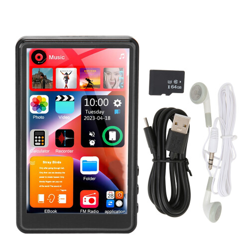 Reprodutor de áudio digital com Bluetooth 5.3, reprodutor de música MP3 de 16 GB com tela sensível ao toque de 4 polegadas com retroiluminação