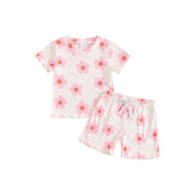 (18-24 Months, White) Ensemble d'été pour filles : t-shirt à manches courtes floral et short élastique, 2 pièces adorables.