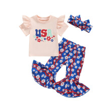 (3-4 Years, Apricot) Ensemble fille (4 juillet) : T-shirt courte manches lettres, pantalon pattes d'éléphant floral et bandeau.