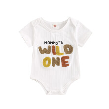 (12-18 Months, Ivory) Combinaison côtelée bébé, broderie lettres, col rond, manches courtes, vêtements d'été nouveau-né et tout-petit