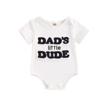 (6-12 Months, White) Combinaison côtelée bébé, broderie lettres, col rond, manches courtes, vêtements d'été nouveau-né et tout-petit