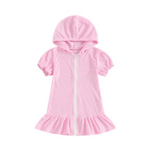 (5-6 Years, Pink) Clúdach Snámha do Chailíní Beaga, Gearr-Mhuinchillí, Scaoilte, Ruffáilte, Zipper, Cochall