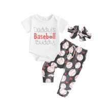 (0-3 Months, White) Ensemble 3 pièces bébé fille : barboteuse manches courtes imprimée, pantalon long baseball, bandeau.