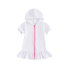 (2-3 Years, White) Badeüberwurf für kleine Mädchen, lässig, Rüschen, Reißverschluss, Kapuze, kurzärmelig