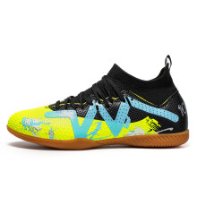 (green, 38) High-top indoor flat soccer shoes for five-a-side training, suitable for both men and women, featuring a non-slip design.