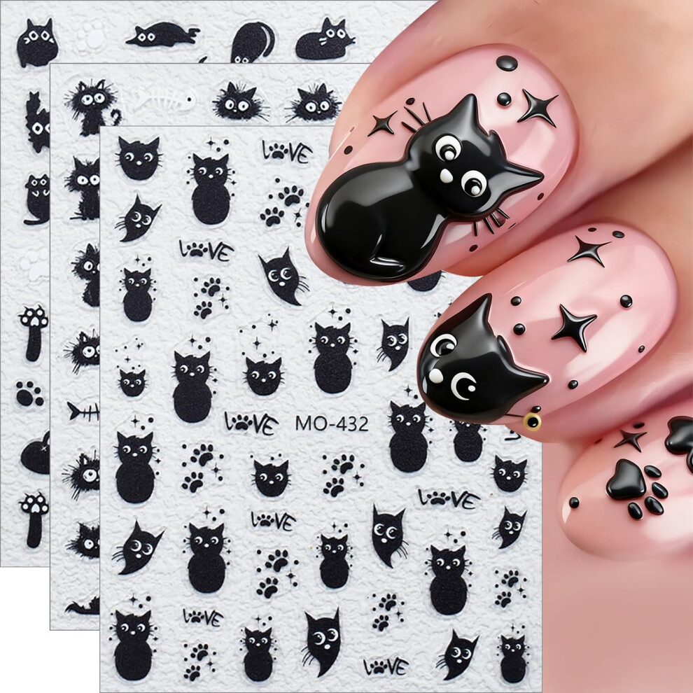Black Cat Nail Stickers 3D Selfadhesive Cat Nail Art Decals For Halloween Diy Manicure 3Pcs