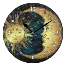 Vintage Sun Moon Wall Clock 9.8Inch Round Silent NonTicking Boho Decor For Living Room Kitchen Bedroom Office