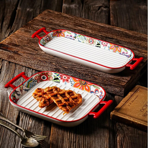 Ceramic Rectangle Baking Dish with Handles, Microwave and Oven Safe Casserole Tray 32.2cm 2