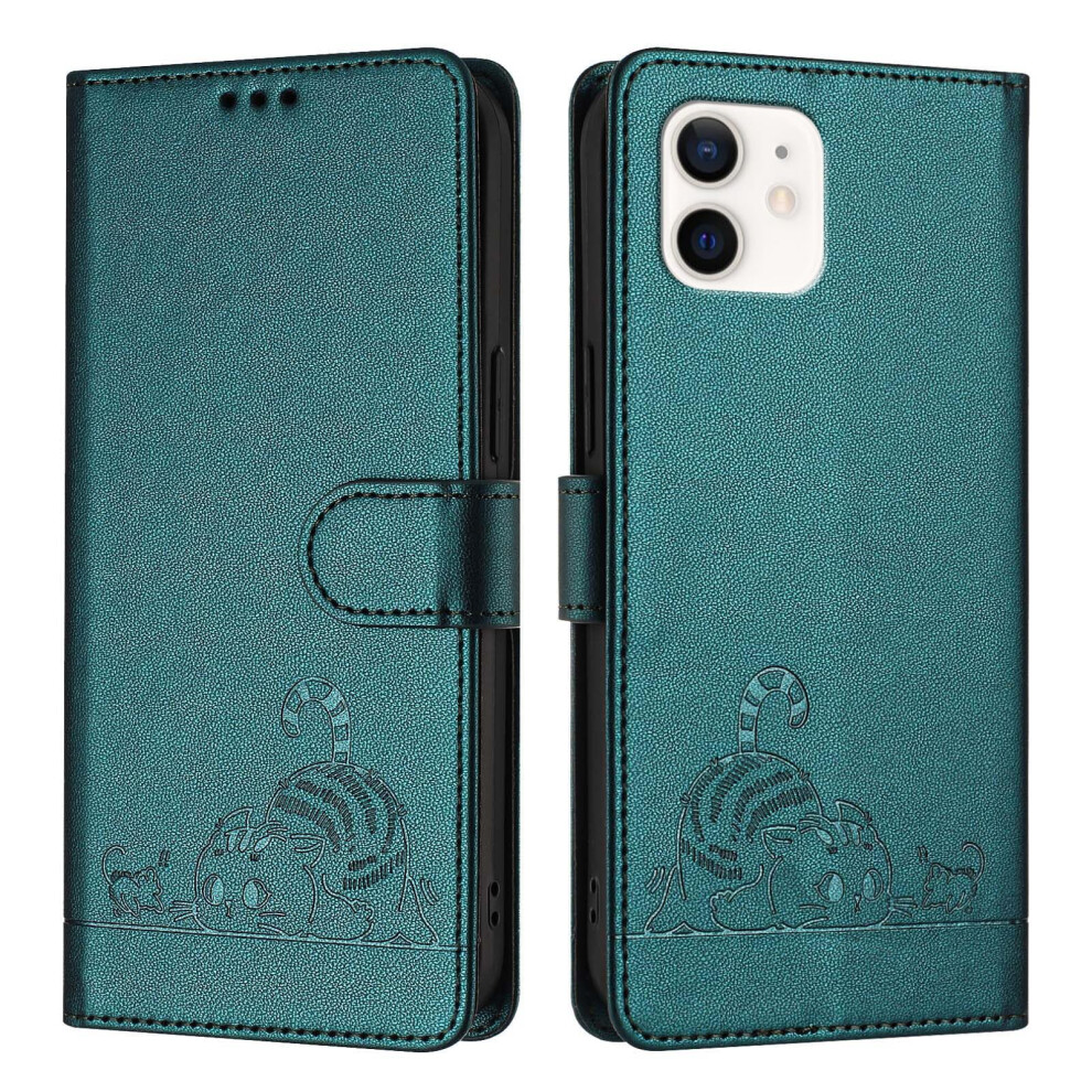 Flip Case Cat Pattern Leather Case With Card Slots Rfid Wallet Kickstand Shockproof Peacock For Iphone 12 Pro Green 9199774514781
