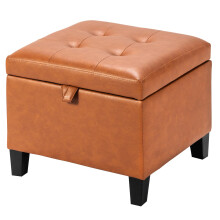 17 Inch Storage Ottoman with Hidden Compartment, Square Faux Leather Foot Stool Cognac Brown