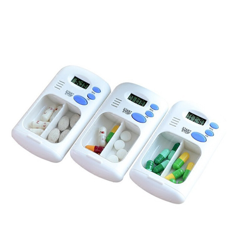 Mini Portable Pill Dispenser with LCD Timer 2 Divided Compartments White Color