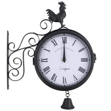 Outdoor Wrought Iron Garden Clock DoubleSided Wall Clock Cockerel Bell Shape Hanging Clock