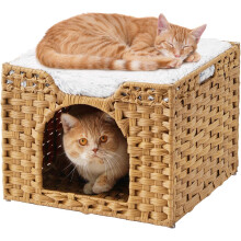 Handwoven Rattan Cat Cave Pet Cube, Large Foldable&Hideaway Cat Beds I