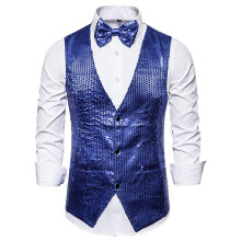 Men's Sequin Suit Vest Blue Sleeveless VNeck With Bow Tie Set, Size L, Glitter Stage Costume