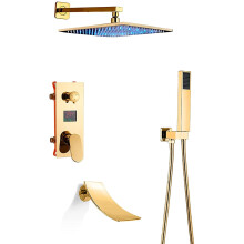 LED Shower System with Digital Display, 8-Inch Rainfall Shower Head, Golden Shower Faucet Set with Handheld Mixer and Waterfall Tub Spout