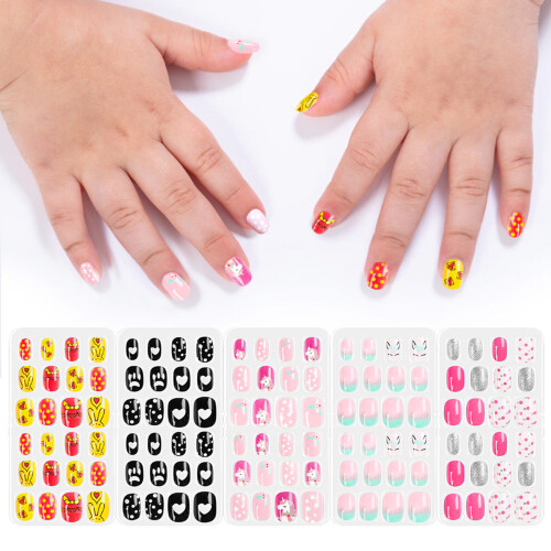 120pcs Kids False Nails Set, Cute Patterns, Easy Apply & Remove