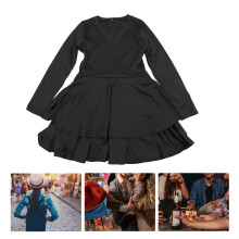 Vestito da donna nero con scollo a V, maniche lunghe, orlo arricciato, taglia M, poliestere