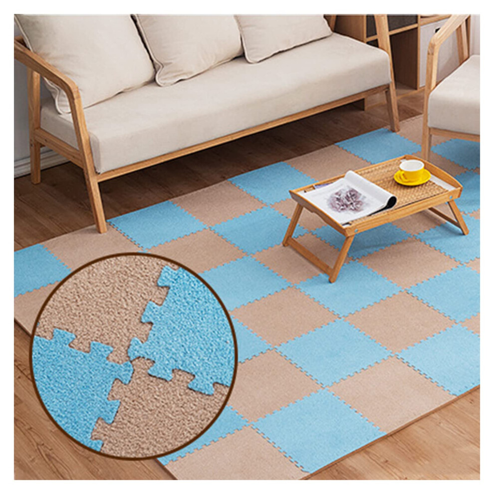 Plush Puzzle Foam Floor Mat Tiles 16Piece Interlocking Square Mats Coffee For Living Room Playroom Light/Blue