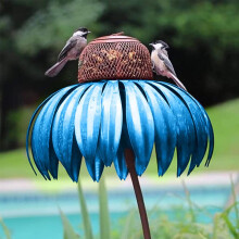 Pink Coneflower Metal Garden Stake Bird Feeder with Seed Tray