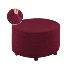 Round Ottoman Slipcover PolyesterBlend Jacquard, Footstool Protector, Stretch With Elastic Bottom, Burgundy Large
