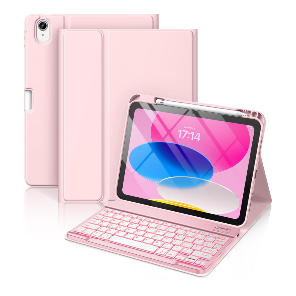 Keyboard Case For Ipad 11Th 2025/10Th 2022 Gen 7Color Backlit Magnetic Detachable Keys With Pencil Holder Light Pink 9199774985789