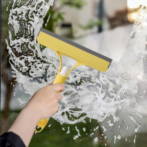 Handheld Shower Squeegee SprayEnabled Bathroom Scraper For Mirrors, Windshield, Ergonomic EasyGrip, Yellow Wide Blade 1