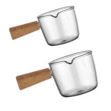Glass Milk Frothing Pitcher with Wooden Handle, Clear Cup for Latte, Espresso, Coffee Drinks