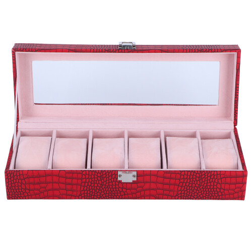 6 Slot Watch Storage Box PU Leather Rectangular Case Wine Red Organizer 1